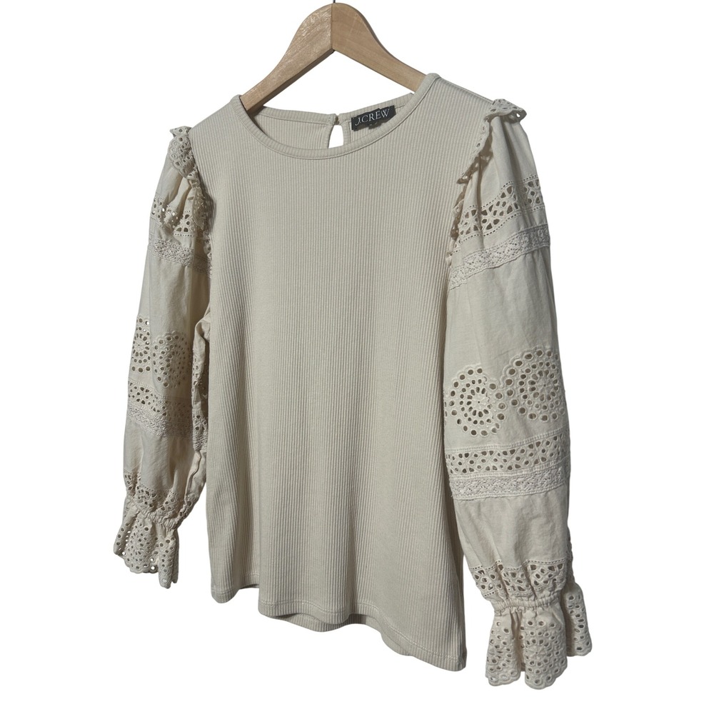 J.Crew‎ Eyelet Sleeve Ruffle Shoulder Ribbed Top Beige 18" Wide 24" Long